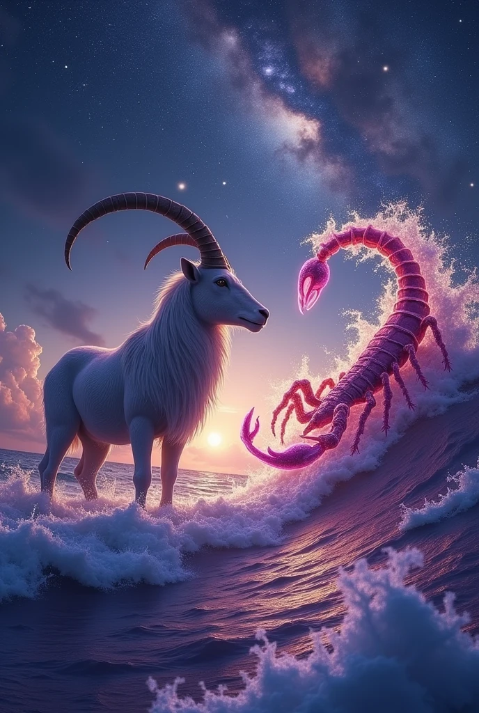 Capricorn against the night sky, sea waves purple color. Scorpio in fiery waves