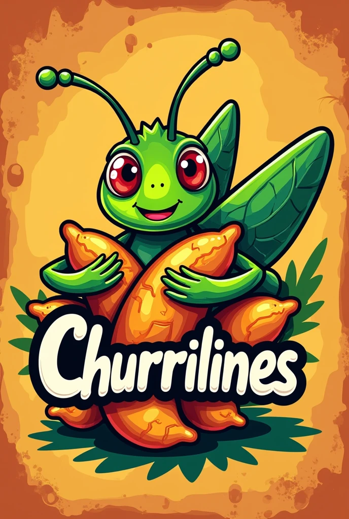 Logo for a churritos business like takis with grasshoppers where the grasshopper is hugging the churritos and has the name CHURRILINES