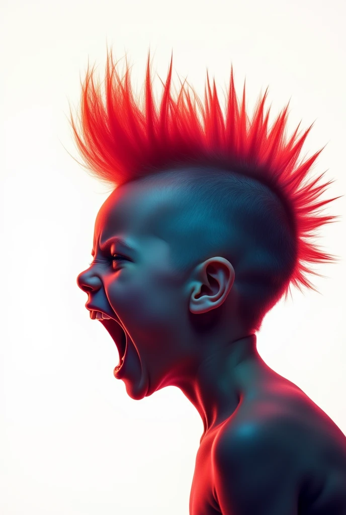 screaming child in profile with spiky mohawk hair white background minimalist colorful image