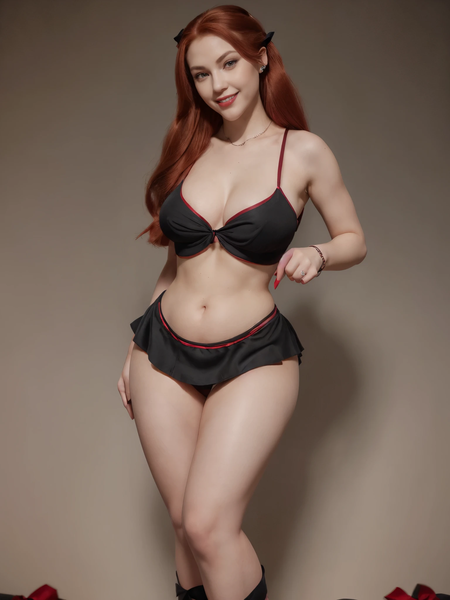Hyper realistic full body shot of stunning 2 petit woman, feminine traits, seductive, sexy, (((makeup:1.1))), (((perfect face:1.1))), (((oval face shape:1.2))), (((perfect eyes:1.0))), (((gray eyes:1.0))), (((eyelashes:1.1))), (((red lips:1.1))), (((thick lips:1.1))), (((little nose:1.1))), (((red hair:1.2))), (((long hair:1.0))), (((stunning hairstyle:1.3))), (((black ribbon in hair:1.2))), earrings, bracelet, rings, necklace, (((red croptop:1.2))), (((black skirt:1.2))), (((narrow waist:0.9))), (((slim:1.1))), (((pale skin:1.0))), (((Big boobs:1.0))), (((natural smile:1.3))), (((Big ass:1.1))), (((wide hips:1.1))), (((long legs:1.1))), (((thick legs:1.1)), (((standing:1.0))), soft portrait shot 8 k, very pretty model, beautiful female model, cinematic