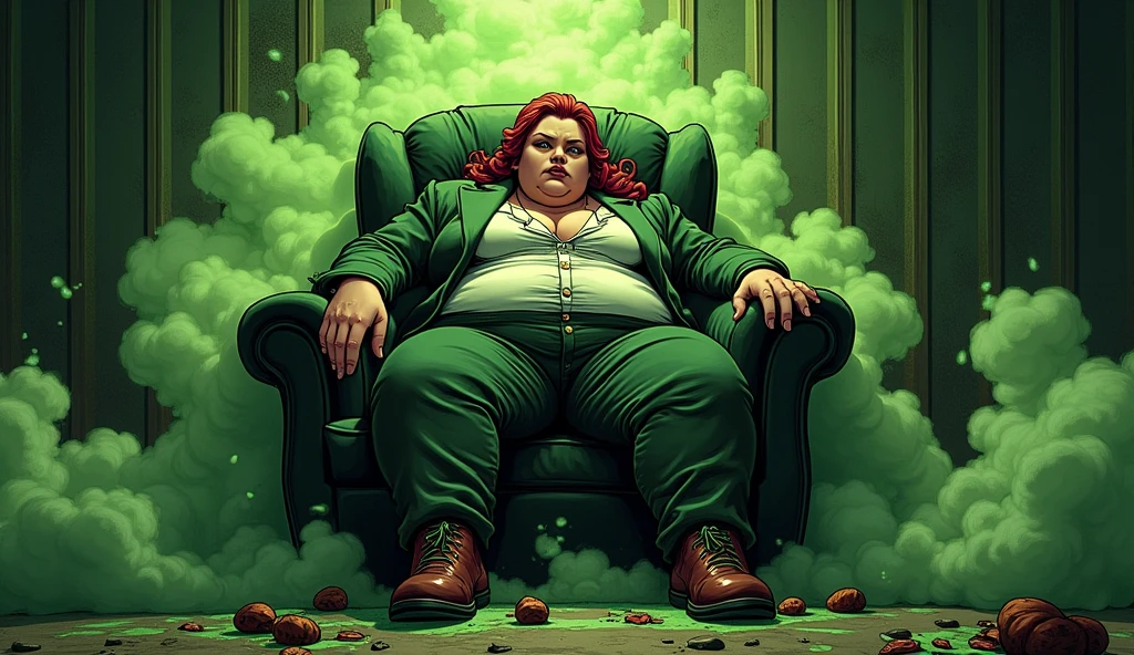 beautiful morbidly obese young female mob boss wearing a mobster suit with food stains on it sitting in her sofa chair which is surrounded by olive green stink fumes, comic artstyle