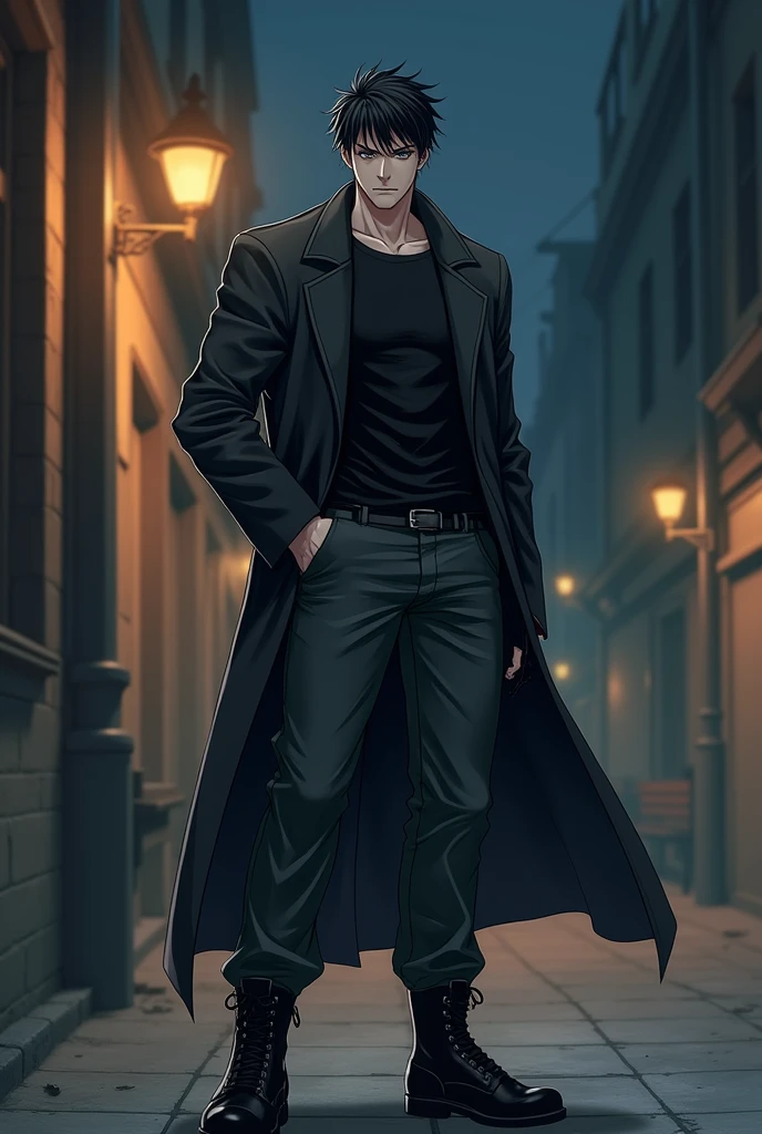 make this art in anime style. naughty man, white-skinned, with 1,75 m high, brawny. He has short, slightly messy black hair., dark brown eyes and a serious expression, but confident. He is wearing black gloves that give a mysterious touch, matching your style. Wears dark gray military pants, slightly fitted to the body, that falls softly over well-polished black leather boots, black t-shirt a white headband tied around the head. The highlight of the look is a long, dark overcoat., with a perfect fit, reaching almost to the knees. The fabric of the coat has a modern touch, with a light wool texture, contrasting with the discreet metal buckles on the boots. He's in an upright pose, with one hand in the coat pocket and the other holding the gloves in a relaxed movement. The background could be an urban street at night., illuminated by streetlights, creating an air of mystery and urban style.