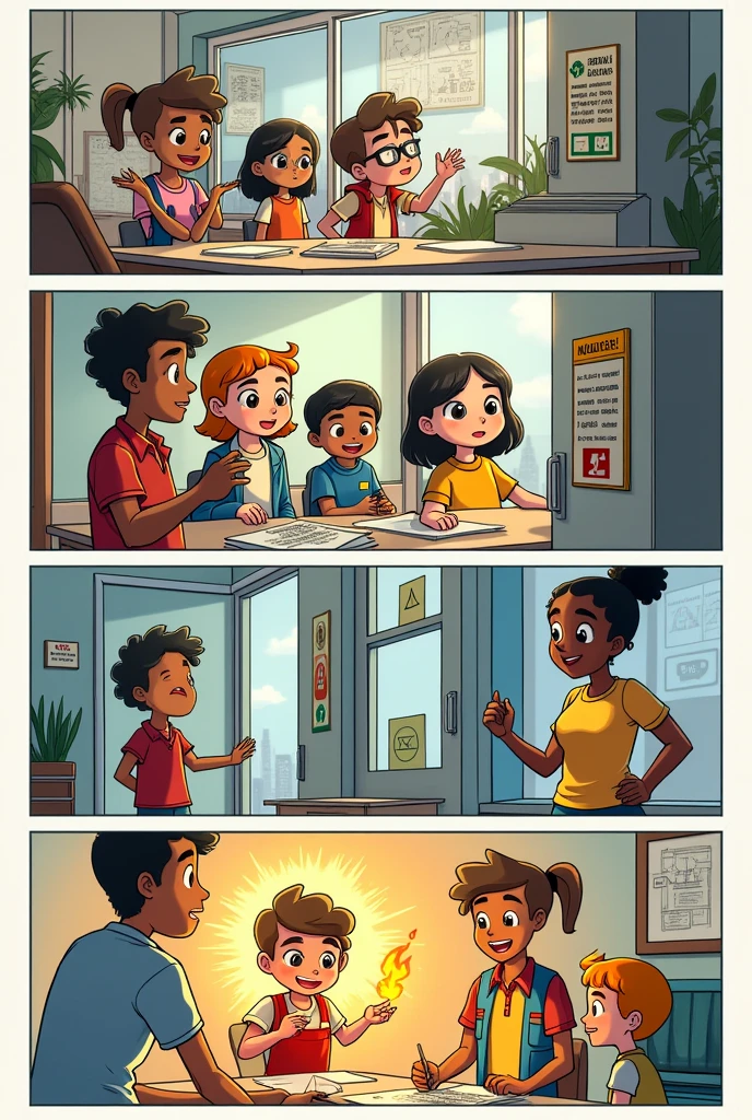 Create a 4-page comic with a cover about caring for electricity with 100 percent original characters that can be understood 