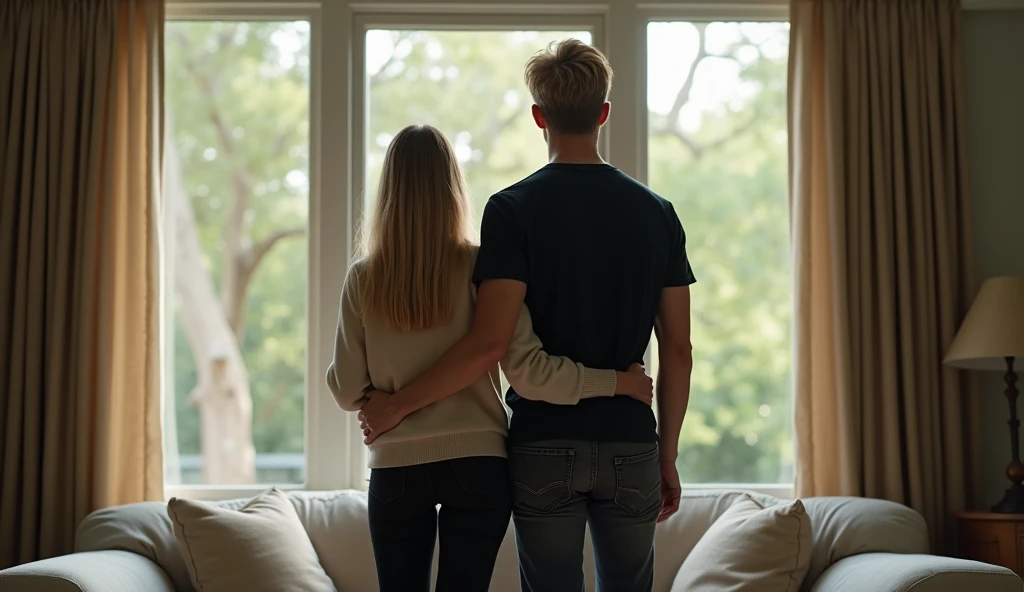the best photo, the most realistic ,Clareza 4K, american woman , hair blonde liso com o comprimento grande ,18-years old ,light beige cotton sweater with black pants, Delicate face, long hair, ebony skin. The woman and the man are looking at the window , they are in a living room, don't look at the camera, at the back there is a large window with a view of trees . 1 American man, hair blonde, Age 22, brawny ,Bblack hair , doesn't have a beard, wearing a black dress shirt, black shoe, and dark jeans