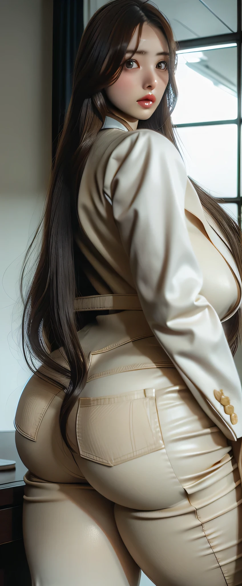 Super Beautiful office Lady,1. Female, Japanese,alone, Light brown flowing layered long hair, Brown eyes, Very tight white pantsuit, Captivating big ass, Big butt sticking out,Shooting from behind , Glamour, Perfect Proportions, office, Portraiture, High resolution, Highest quality, super high quality, Super Detail, Surreal, Realistic, Very tight formal pants, One person in the frame, Very lewd big ass