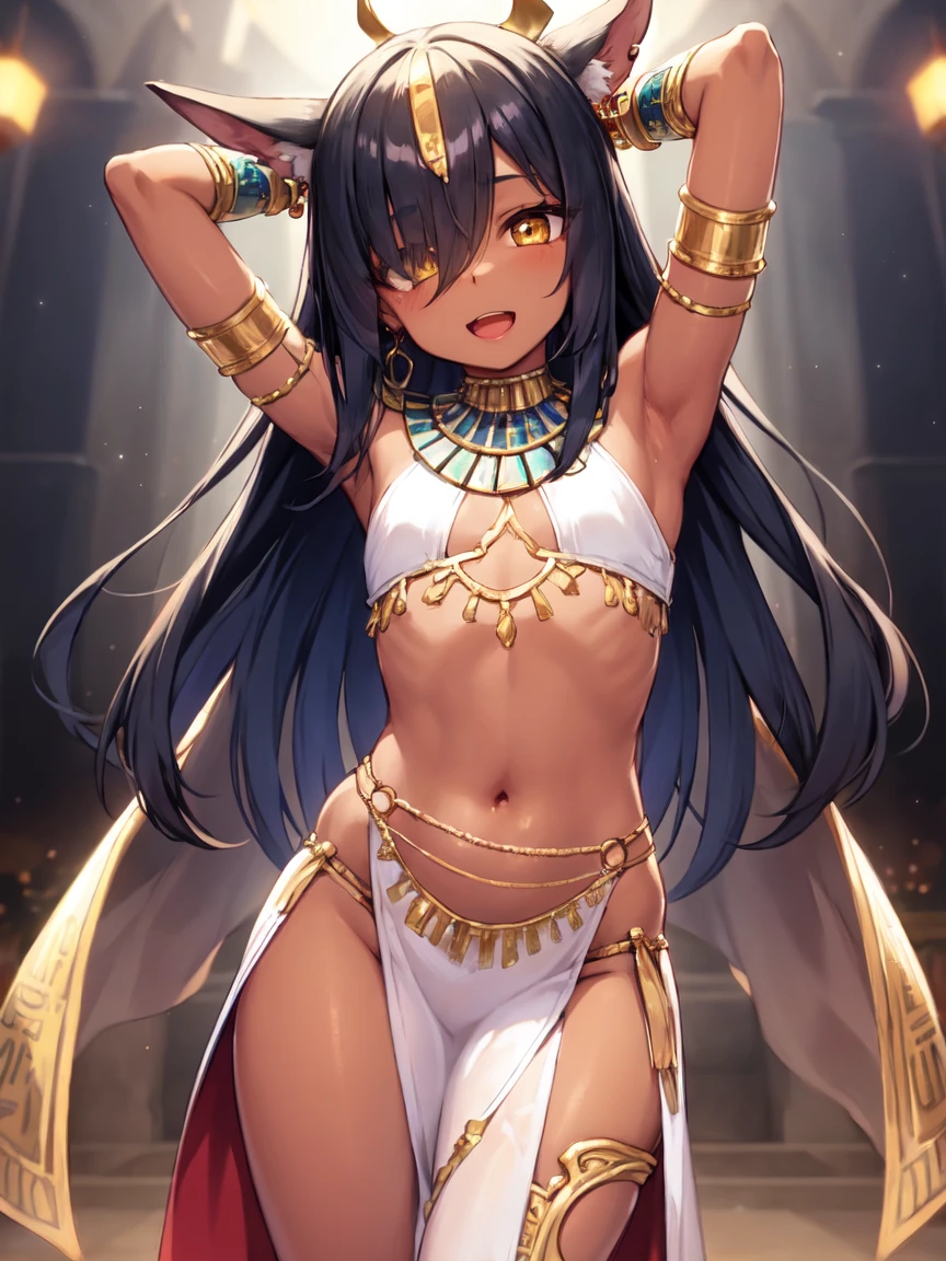 (SLE, mksks style, detailed background:1.1), (solo:1.3), girl, dark skin, ornate egyptian dress, long hair, black hair, beautiful hair, (hair over eye), yellow_eyes, happy,head tilt, volumetric lighting, (outdoor:1.3), egyptian, colorful, flat chest, female anubis, egyptian clothes, egyptian mythology, , lewd outfit, young, (young girl), child, (very young girl), small girl, skimpy outfit, midriff, nsfw, lewd, slutty facial expression, (dancing), open mouth, (dark skin), (pelvic curtain), dancer, arms above head,