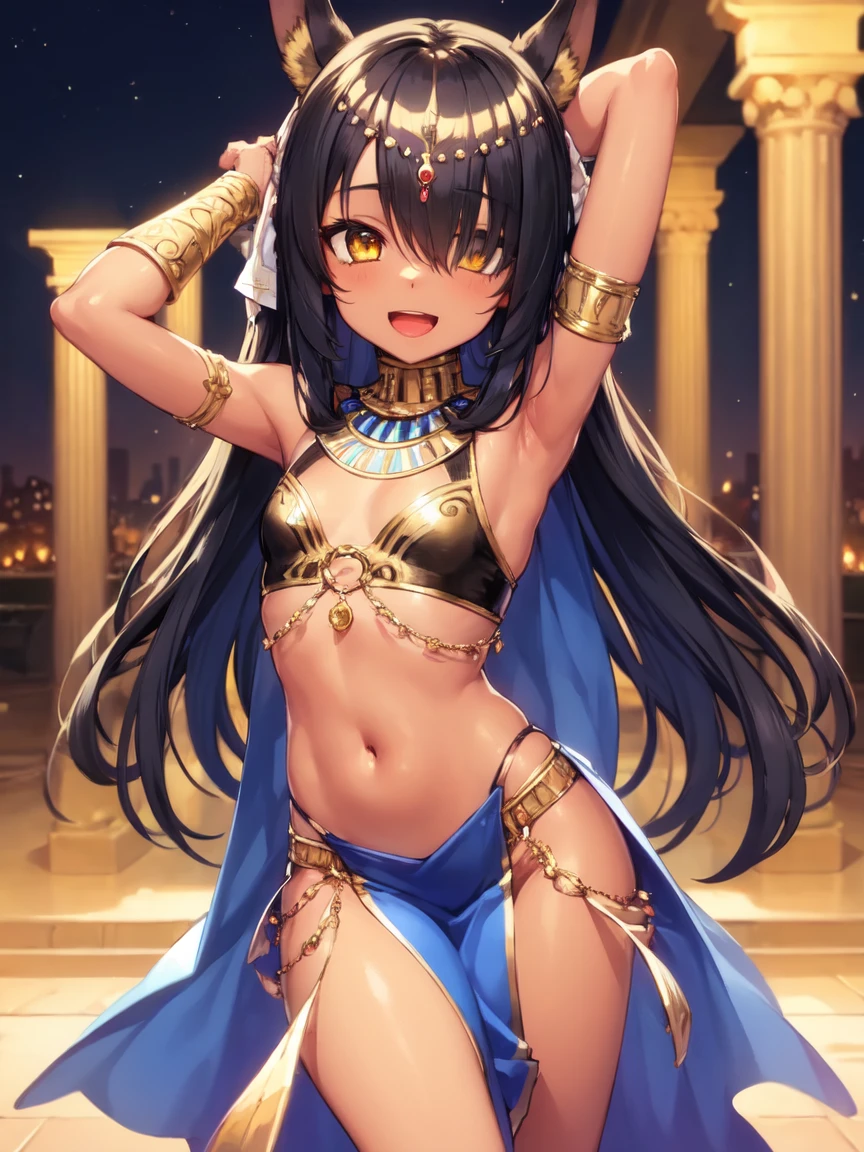 (SLE, mksks style, detailed background:1.1), (solo:1.3), girl, dark skin, ornate egyptian dress, long hair, black hair, beautiful hair, (hair over eye), yellow_eyes, happy,head tilt, volumetric lighting, (outdoor:1.3), egyptian, colorful, flat chest, female anubis, egyptian clothes, egyptian mythology, teen, lewd outfit, young, (young girl), (very yogirl), small girl,py outfit, midriff, nsfw, lewd, slutty facial expression, (dancing), open mouth, (dark skin), (pelvic curtain), dancer, arms above head,