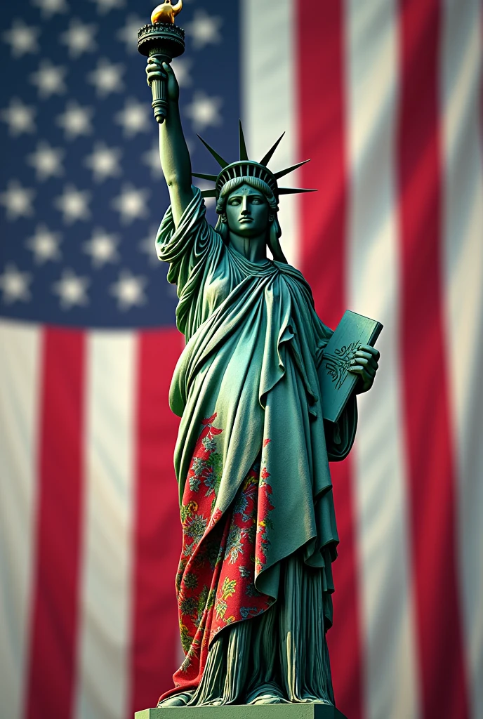 Statue of Liberty with the United States flag behind and dressed as a china poblana 