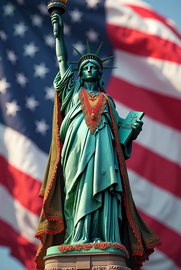 Statue of Liberty with the United States flag behind and dressed as a china poblana