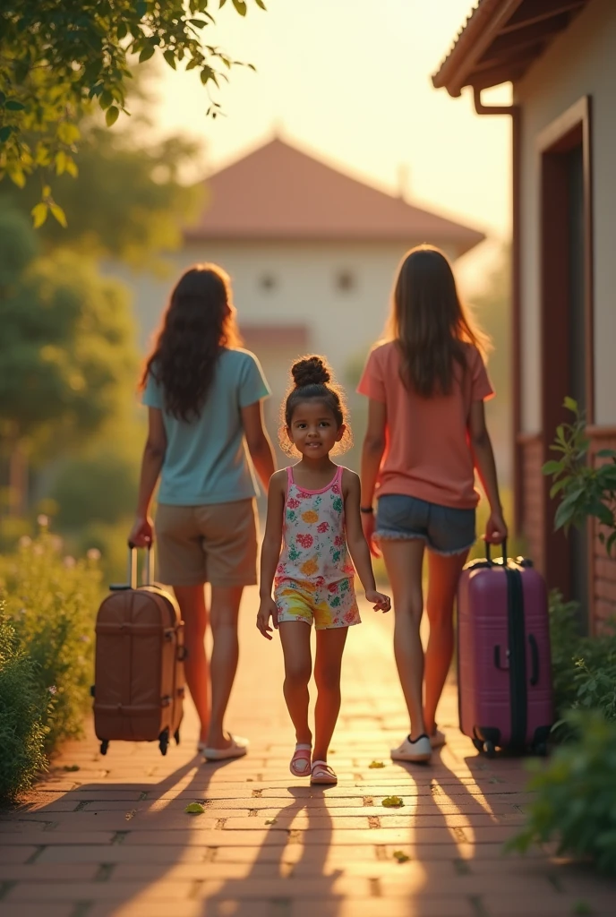 Make a picture of a young girl with her mothers arriving at their new house with meletas