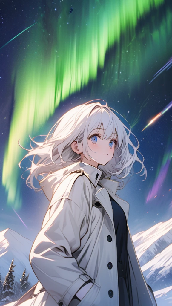 Beautiful girl with white hair,Open white long trench coat,Black lining,Snowy mountain tops,Starry Sky,Meteor,Put your hands in your pockets,Look up at the Starry Sky,panoramic,Character Close-up,midnight,Aurora
