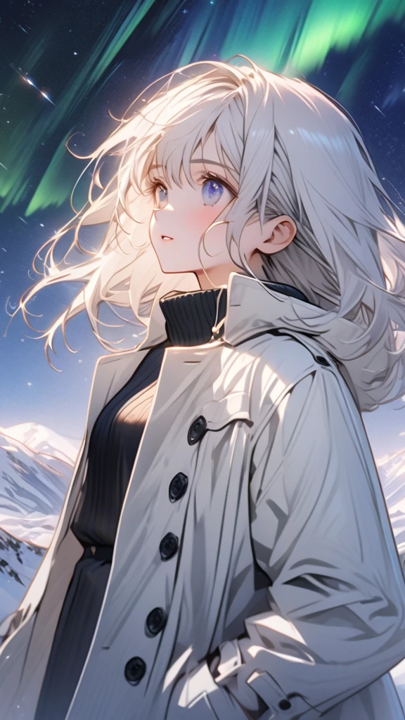 Beautiful girl with white hair,Open white long trench coat,Black lining,Snowy mountain tops,Starry Sky,Meteor,Put your hands in your pockets,Look up at the Starry Sky,panoramic,Character Close-up,midnight,Aurora