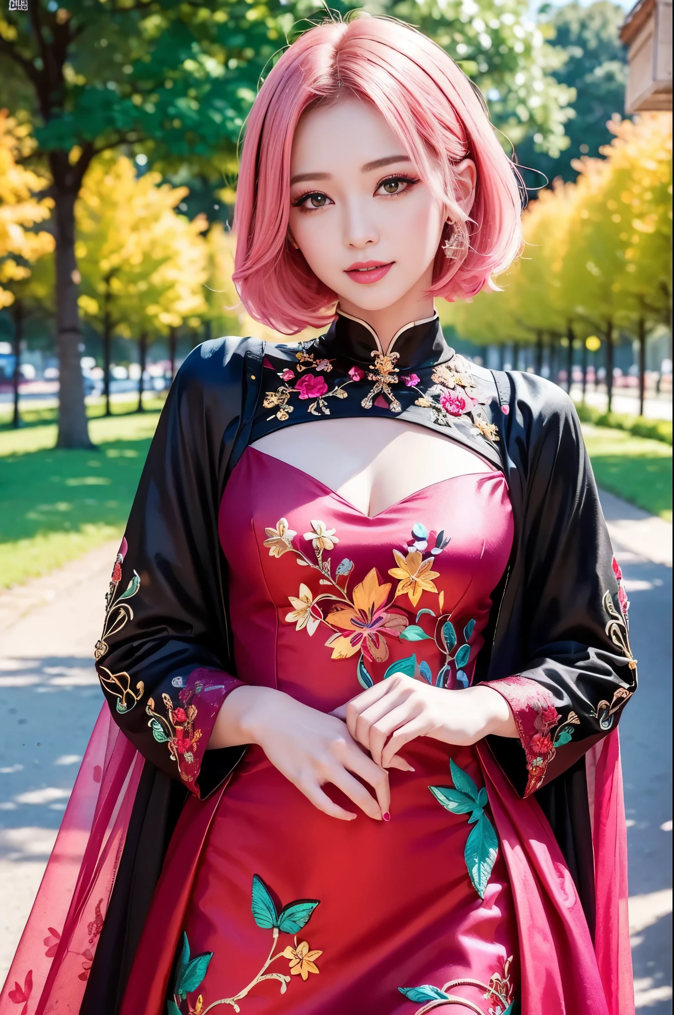(masterpiece:1.4), (best quality:1.4), ultra high res, ultra high resolution, ((detailed facial features)), HDR, (realistic, photorealistic, photo-realistic:1.37), full body Esbian, sexy Vietnamese model, (-anime), vivid colors, ((vivid colors multicolor (red, pink) very short hair)), (happy smile), lip-gloss, long lashes, ultra detailed metallic makeup, defined eyebrows, wearing large sparkling colorful jewelery, wearing a red silk Paradise Kiss cosplay dress with black floral embroidery, ((vivid colors outfit)), vivid colors, look at the camera, cinematic light, large park background with trees, sweet and sexy pose