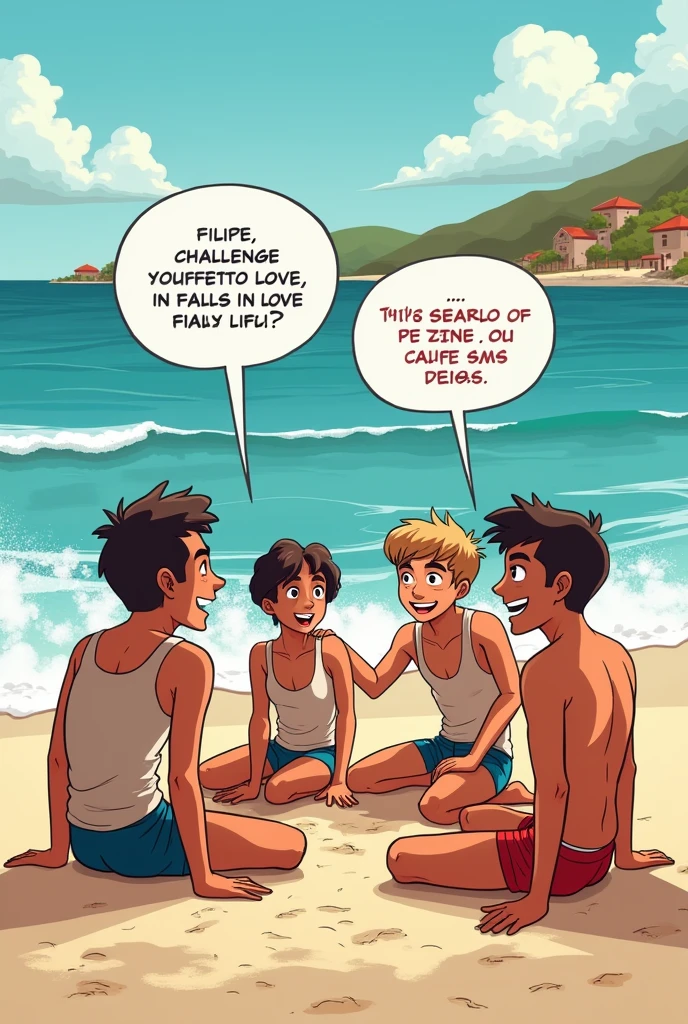 Create a comic strip following this description Table 1: The Scenario Bet: beachfront, with friends chatting by the sea.
texto: (Philip's speech bubble) "Let's make a bet: whoever falls in love first, loses!"
Description: Augusto and his friends are relaxing on the beach, arguing about the bet. Filipe proposes the idea, defying Augustus, Fabricius, e Leopoldo. Augusto accepts the bet with confidence.