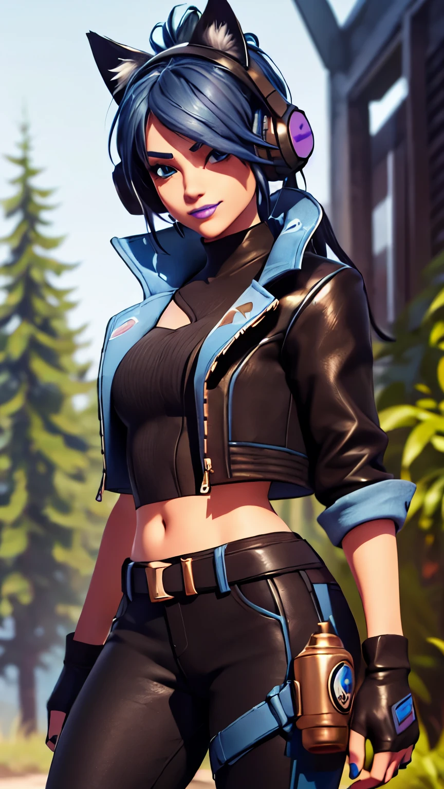 Forest background, 1girl, solo, HeroicHopeFN, Heroic Hope from fortnite, (crop top, black top, open clothes), (jacket crop top, black jacket, blue loose, jacket loose), fingerless gloves, black pants, blue belt, blue hair, ponytail, blue eyes, headphones, cat ears headphones, holster, holster spray cans, purple lips, lipsticks, smirk, looking at viewer,