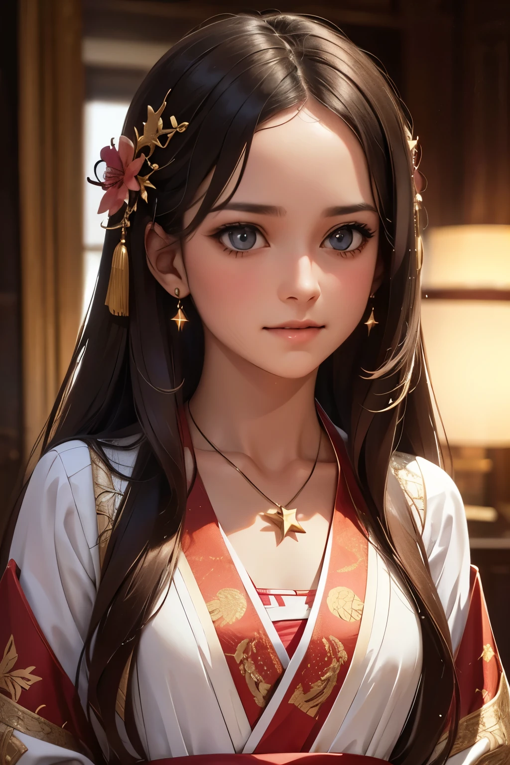 best quality, masterpiece, highres, 1girl,blush,(seductive smile:0.8),star-shaped pupils,china hanfu,hair ornament,necklace, jewelry,Beautiful face,upon_body, tyndall effect,photorealistic, dark studio, rim lighting, two tone lighting,(high detailed skin:1.2), 8k uhd, dslr, soft lighting, high quality, volumetric lighting, candid, Photograph, high resolution, 4k, 8k, Bokeh