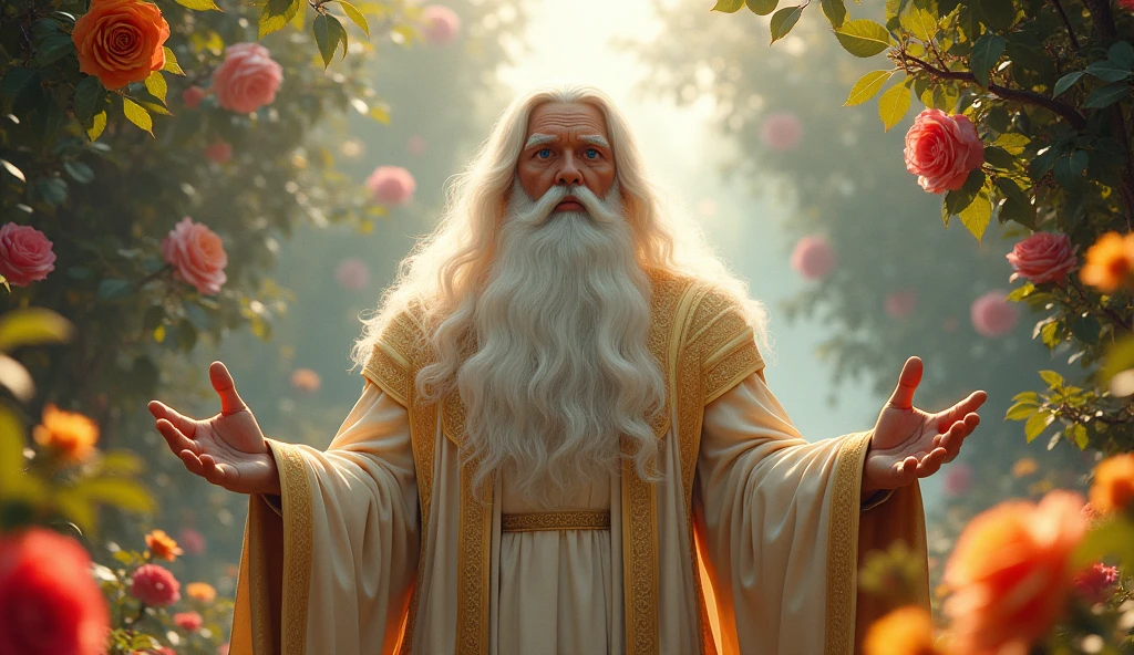 (The best quality,Ultra HD 8K, A high resolution,Ultra - detailed,actual:1.4 ),beautiful enchanted garden of Eden, voluptuous fruit trees in a yellow, red, pink ,(beautiful roses and flower background:1.4 ), score_9, score_8_above, score_7_above, score_6_above, classification_explicit, super gigantic God the Father, ((ancient of days:1.2)), white hair, white beard, white and gold robe full, ((gold linen:1)), (towering height tall over trees, long robe: 1.2),(Face details: 1.5, bright blue eyes, beautiful face, beautiful eyes, iris coating, pale and sharp eyebrows, long, white eyelashes), (perfect hands detailed : 1.5), (( vast and paramount oriental features: 1.6)), ((ultra detailed:1.5)), sensual smile, brillantes., Attractive hair:1.2, ((beautiful and detailed hair., soft and shiny hair:1.3)), warm tone, afternoon sunlight, Ultra-realistic 8K, The portrait, Very detailed 32k digital art, beautiful digital artwork, cyberpunk. ((colors, vegetables, rosa, Brown: 1.2)), Realistic 8k digital art., soft neon lighting on his face and body, ((Very detailed: 1.4), ((masterpiece)), (hyper detailed and beautiful: 1.3), (photorealistic: 1.4),( perfect anatomy), ,(Enchanted garden of Eden background:1.4 ), (dynamic pose), (estilo encaje lioferie white :1.4), (back view, back view),of_DeepNegative_v1_75t, super gigantic God looking down on the garden of eden.