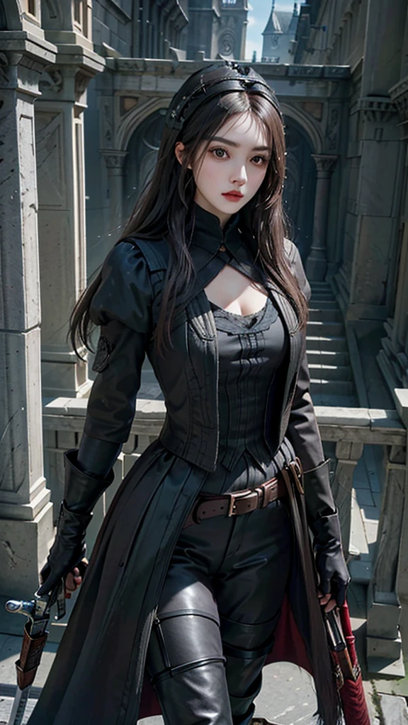 lifelike, high resolution, soft light,1 female, alone, Buttocks up, look at the audience, (Detailed face), Bangs, edgBB, black gloves, belt, coat, torn clothes, Capulet, handguard, Vambraces, black Capulet, hunters (Bloodborne curse), Woman in edgBB_full outfit, outdoor, gothicarchitecture, jewelry, weilding an elegant old time rifle