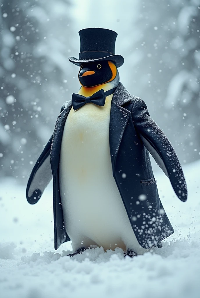 Exlibiri penguin in a suit in a snow storm