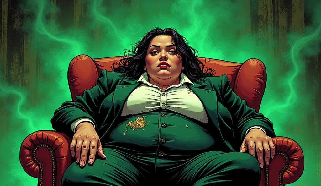 beautiful morbidly obese young female mob boss wearing a mobster suit with food stains on it sitting in her sofa chair which is surrounded by olive green stink fumes, comic artstyle