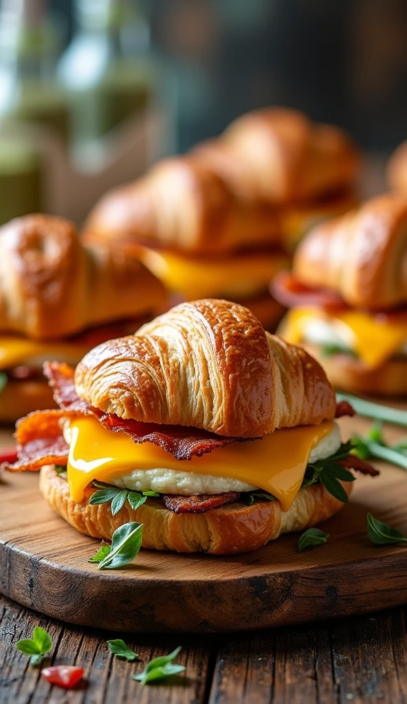  Create a visually appealing Pinterest image showcasing a variety of croissant breakfast sandwiches. The image should feature delicious croissant sandwiches with various fillings such as eggs, cheese, bacon, and fresh vegetables. Arrange the sandwiches attractively on a wooden board or plate, and include some fresh herbs or garnishes for added color. Ensure the background is clean and minimal to highlight the food. Add a stylish watermark "Delicious Menu" in the bottom corner of the image.