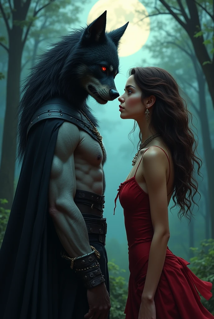 A book cover with written at the top Werewolf or vampire on the image the woman on the right is smaller than the left girl she has red eyes because she is a werewolf she has brown hair and she is Mexican (mestisse) the one on the left is rather tall and has black wavy hair reaching her bust she is just American she has gunmetal blue eyes and vampire teeth cause she is a vampire and blood on clothes. They are in the forest with the full one behind her. They are both beautiful. They are ennemie but secretly inlove.