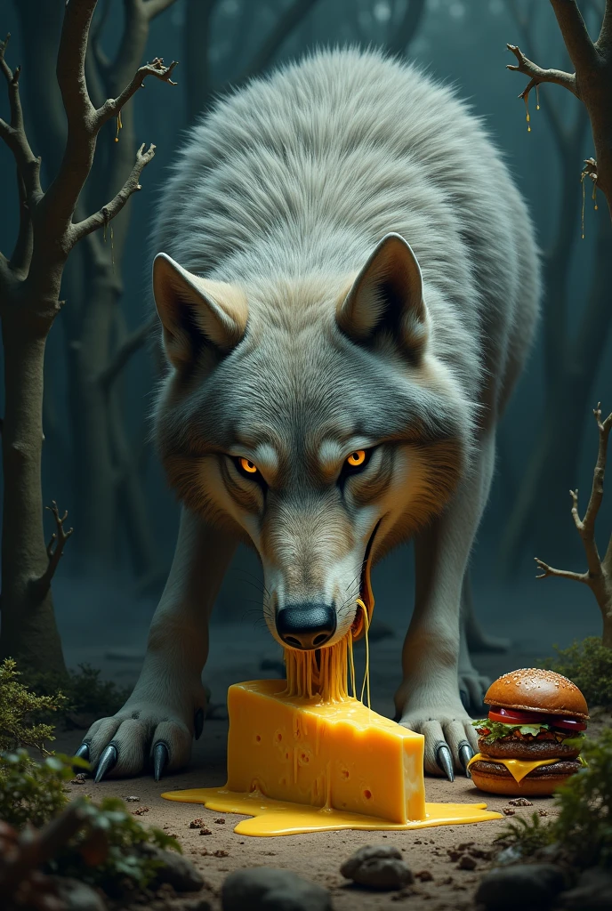 Un loup qui mange un fromage  et il vomit et mange un burger