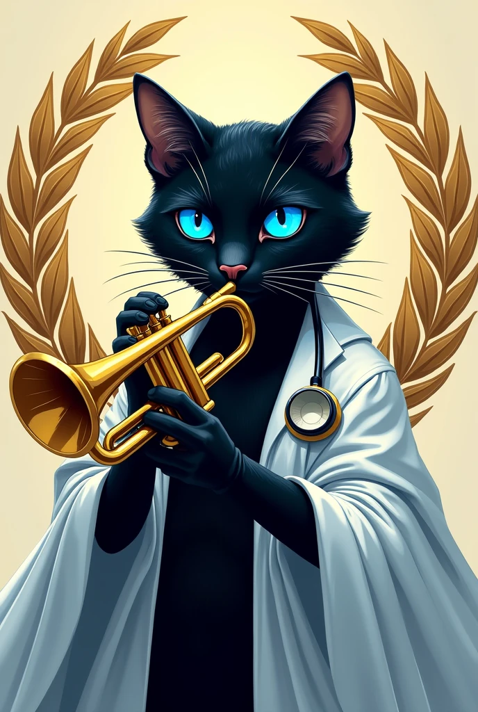 I want a logo with a semi-godly black cat with blue eyes that plays a trumpet and also has a stethoscope and on the sides there are golden laurels and a white coat.