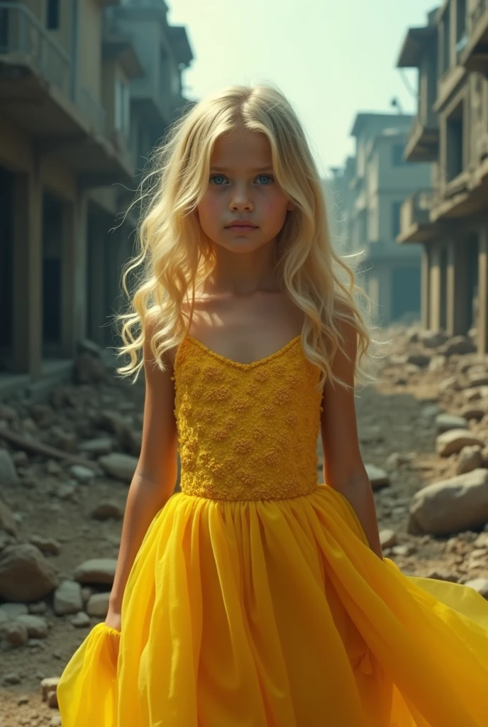 masterpiece, Highly detailed 8k raw photo, best cinematographic quality, Volumetric lighting and shadows surround a beautiful blonde girl in a yellow comic book dress and aquamarine eyes, First person view shot war background