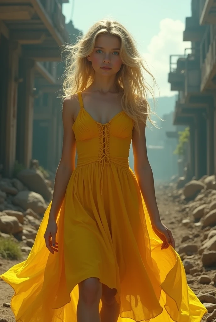 masterpiece, Highly detailed 8k raw photo, best cinematographic quality, Volumetric lighting and shadows surround a beautiful blonde girl in a yellow comic book dress and aquamarine eyes, First person view shot war background