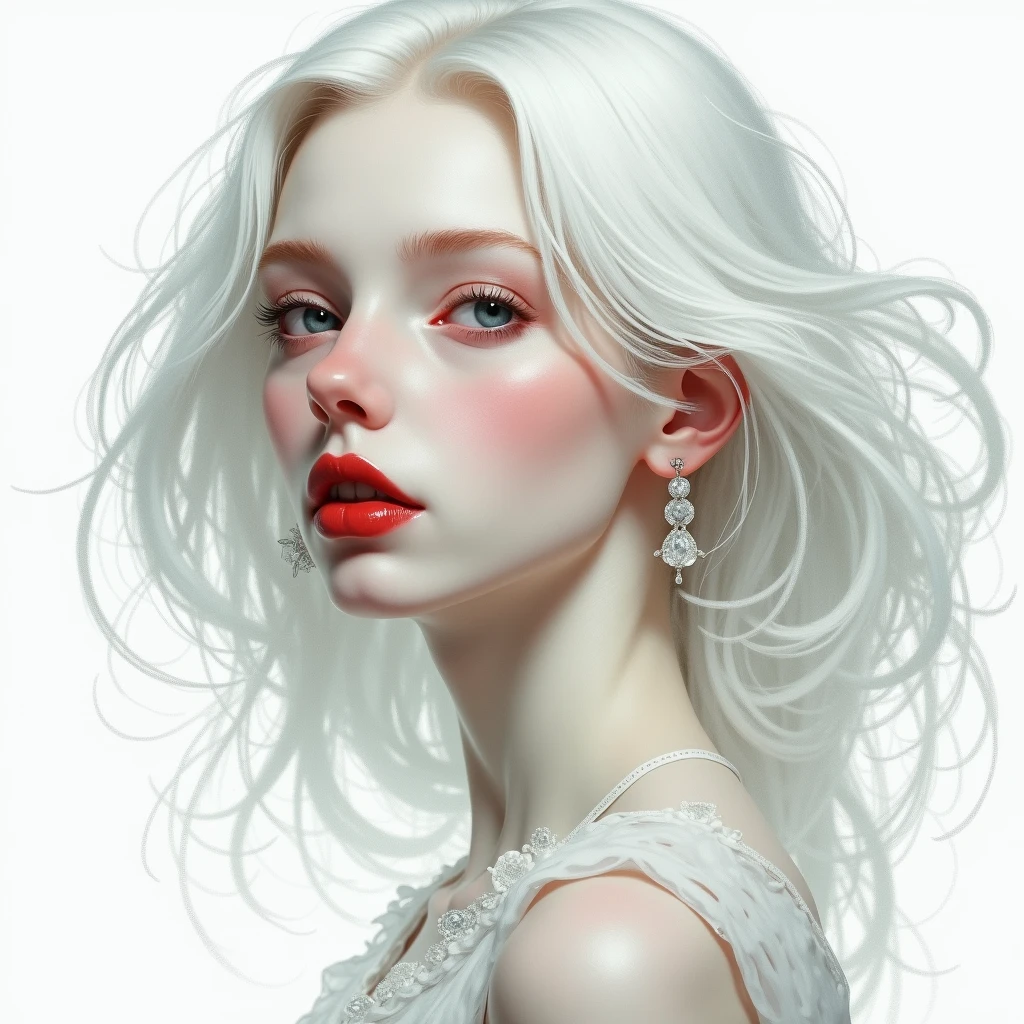 Portrait of a pale girl with white hair and red lips, white background, detailed illustration, style of luis royo