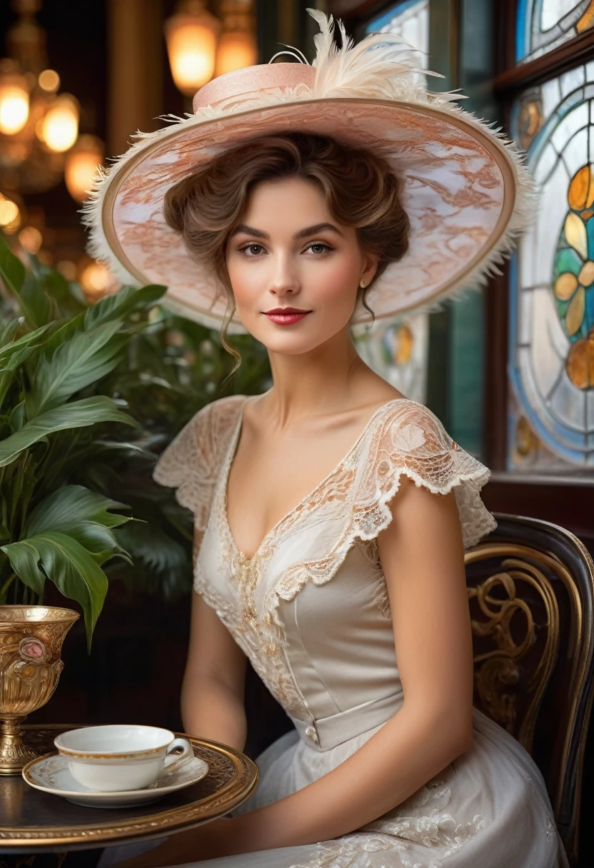 Create a portrait of an elegant woman in an early 20th-century Parisian café, embodying the Belle Époque era. She should be dressed in a sophisticated, flowing dress with intricate lace details, her hair styled in a loose updo adorned with a feathered hat. The background should reflect the art nouveau style with stained glass windows casting colorful light, wrought iron furniture, and lush indoor plants. Capture her in a moment of contemplation, with a slight smile, holding a porcelain cup. The lighting should be soft, mimicking the natural light of a cloudy afternoon, with subtle highlights to emphasize the textures of her attire and the ambiance. Use a technique that blends photorealism with a painterly touch, reminiscent of the works by Toulouse-Lautrec but with modern clarity.