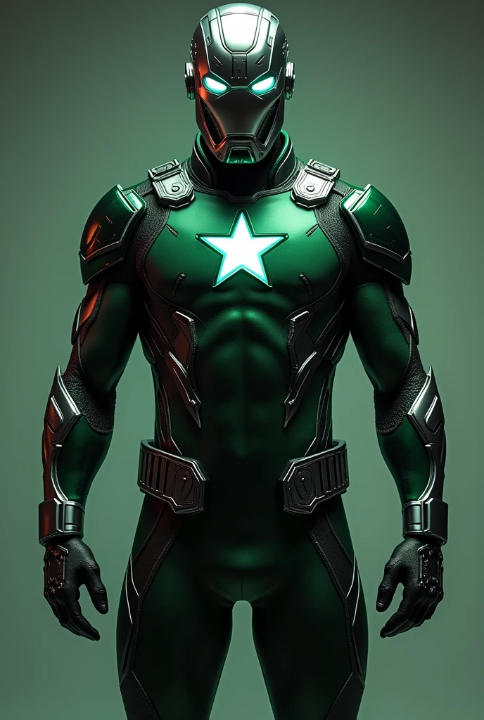 “Create a full-body superhero costume in dark green with metallic plates. The suit should feature a large, bright star on the chest, symbolizing strength. Add black and silver lines or patterns for a modern look. Include a metallic helmet with a lion emblem, protective metal gloves, and sturdy, metallic boots. The suit should have a form-fitting design with durable fabric and metal plates on key areas like the chest, back, and shoulders.”“Design a superhero in a dark green outfit with a shiny star emblem on the chest. The costume should have metallic accents and be equipped with protective plates on the chest, shoulders, and back. Include a metallic helmet with a lion symbol, gloves, and boots that are also metallic. The outfit should be form-fitting and designed for battle readiness.”“Generate an image of a superhero with a dark green, form-fitting costume featuring a prominent star on the chest. The costume should include metallic elements, such as plates on the chest and shoulders, and have black and silver patterns. The superhero should wear a metal helmet with a lion emblem, metallic gloves, and boots.”Graphic Designer Brief“Please design a superhero costume for a character named Pakman. The costume should be dark green with a large, bright star on the chest. Incorporate metallic plates for protection on the chest, back, and shoulders, with black and silver lines or patterns. The helmet should be metallic with a lion emblem. The gloves and boots should also be metallic and durable. The overall design should be form-fitting and suitable for combat.”“I need a superhero costume for Pakman, featuring a dark green color as the primary shade. The costume should include a shiny star on the chest, metallic accents, and protective plates on key areas like the chest and shoulders. Include a helmet with a lion symbol, metallic gloves, and sturdy boots. The design should be both sleek and protective.”“Create a detailed design for a superhero outfit in dark green with a pro