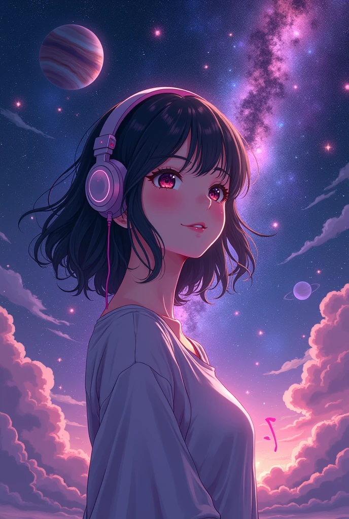 Woman with headphones, Woman Smiling, Universe, Planets, Stars, Galaxies, Woman listening to music, predominantly shades of purple and black, anime style