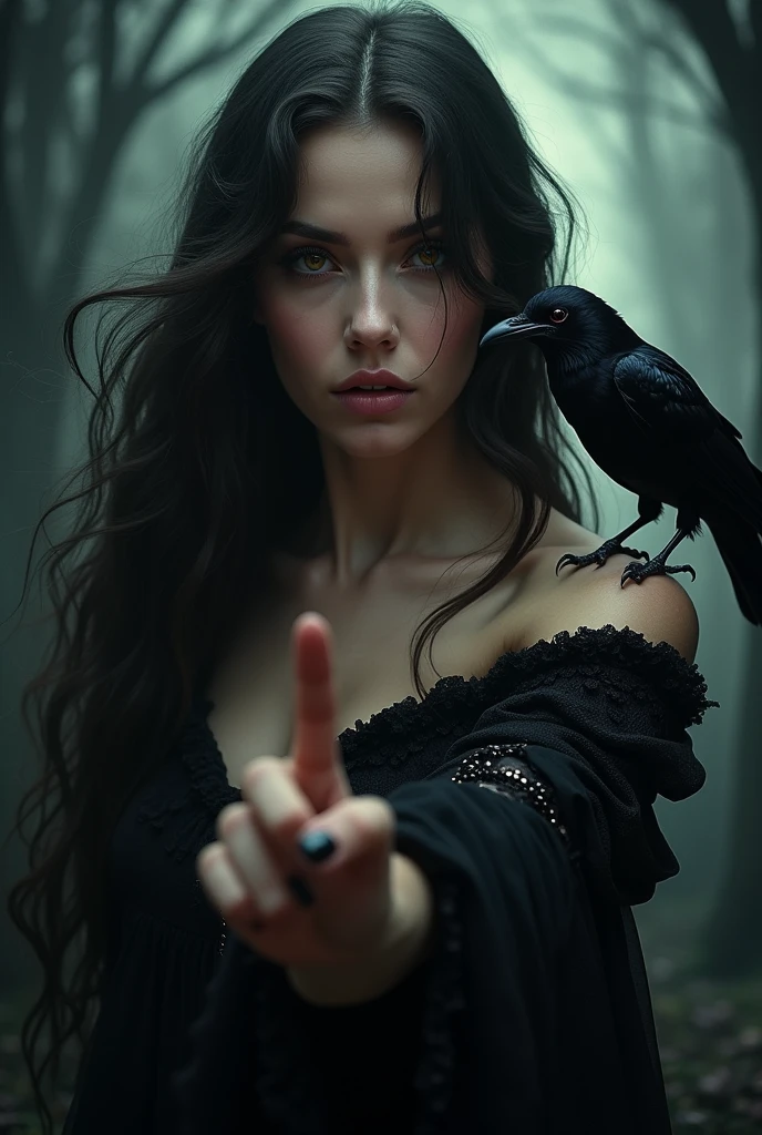 beautiful detailed eyes, beautiful detailed lips, extremely detailed eyes and face, long eyelashes, 1 female witch, elegant witch, sexy witch, witch on broomstick, witch pointing finger at viewer,glowing golden eyes, intense seductve gaze, full body, raven on shoulder, dark fantasy, dark magic, dark witch, moody lighting, dramatic lighting, cinematic lighting, highly detailed, intricate details, fantasy art, digital painting, hyper realistic, masterpiece, 8k, photorealistic, cinematic, dramatic, mystical, magical
