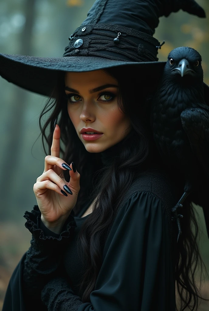 beautiful detailed eyes, beautiful detailed lips, extremely detailed eyes and face, long eyelashes, 1 female witch, elegant witch, sexy witch, witch on broomstick, witch pointing finger at viewer, main nette et détaillée, golden eyes, intense seductve gaze, full body, raven on shoulder, dark fantasy, dark magic, dark witch, moody lighting, dramatic lighting, cinematic lighting, highly detailed, intricate details, fantasy art, digital painting, hyper realistic, masterpiece, 8k, photorealistic, cinematic, dramatic, mystical, magical