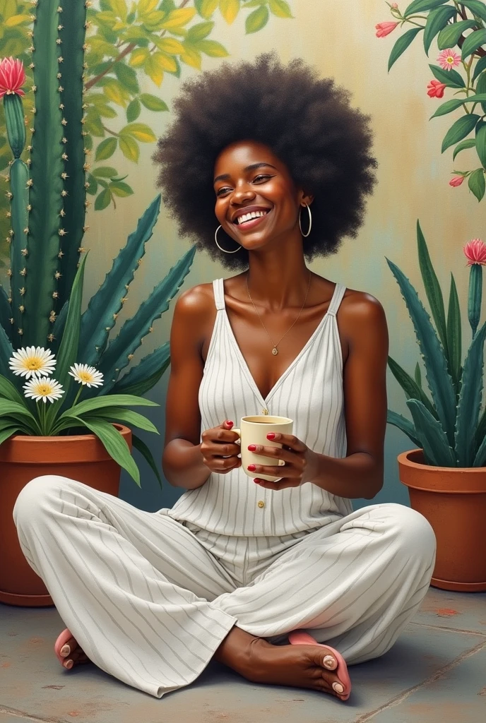 . Serene oil painting, reminiscent of Renoir's style, depicted in soft, impressive brushstrokes of an African American woman with a natural afro, sitting cross-legged in a lush garden surrounded by various plants, including cacti and flowers in pots. She is holding a mug with both hands, enjoying a peaceful moment in the words “good morning” The woman is dressed in a comfortable, sleeveless white jumpsuit with thin stripes, and her expression is content and relaxed. The backgroun