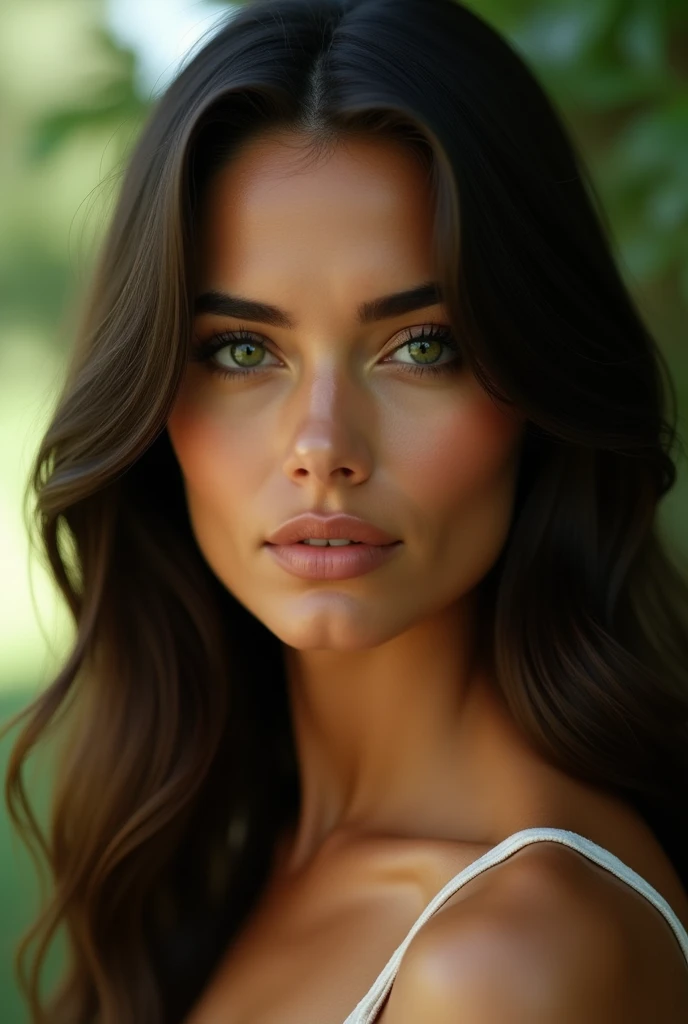Beautiful latina woman with green eyes, olive skin, and dark brown hair. Soft features, feminine. Unique and round features.