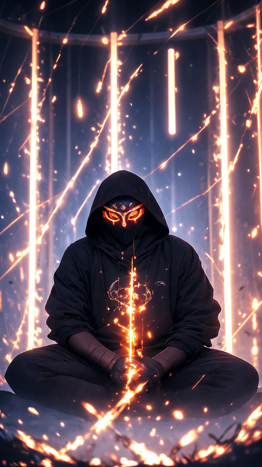A shadowy character wearing a dark hooded jacket and a face covered by a glowing mask with a terrifying pattern of red eyes and a sinister smile in the form of glowing white stitching.. He is sitting in a relaxed manner in front of a metal fence, with a carefree but intimidating posture. The background is dark with a blue night sky, and the lighting dramatically highlights the shine of his eyes and mouth, while little red sparks float in the air, adding a tense and urban atmosphere. The style is dark and aggressive, with a cyberpunk and vigilante aesthetic, conveying a sense of latent danger.