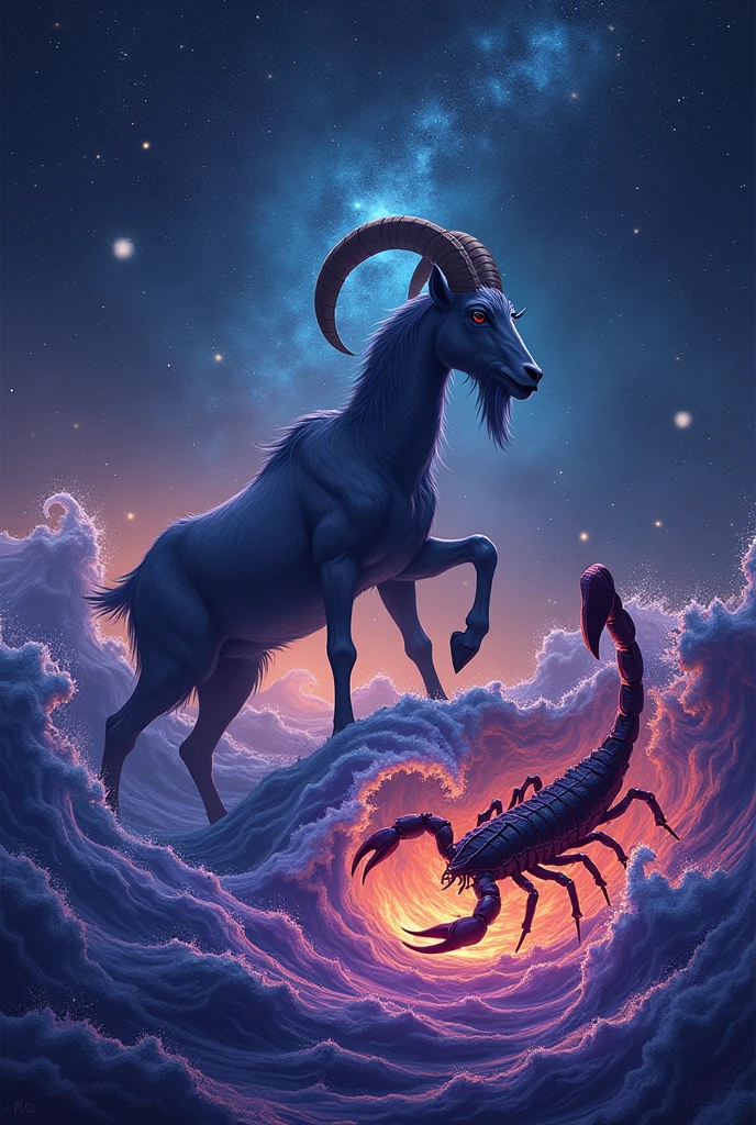 Zodiac signs, Capricorn against the night sky, sea waves purple color. Scorpio in fiery waves