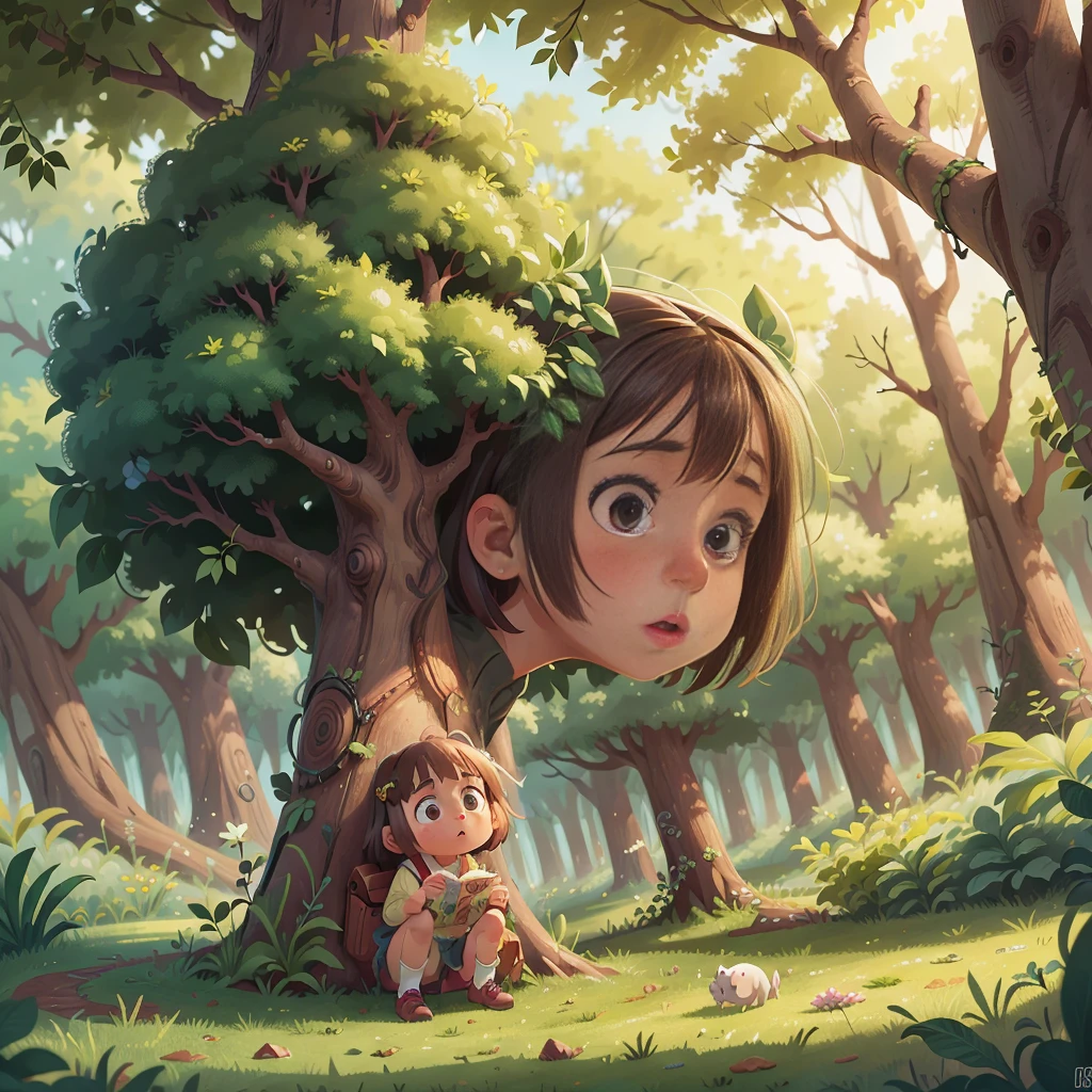 The girl is staring in amazement at a magical tree. Multipla poses, quero rostos bonitos