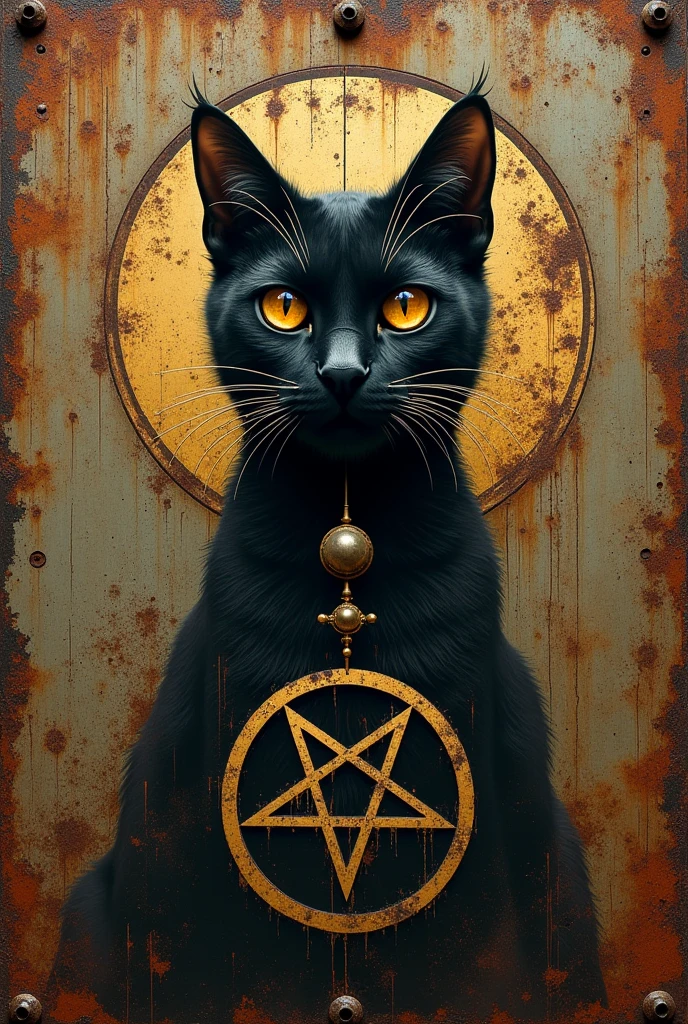 decorative metal sheet, rusty, satanic cat, satanic star, art inspired by dave mcKean
