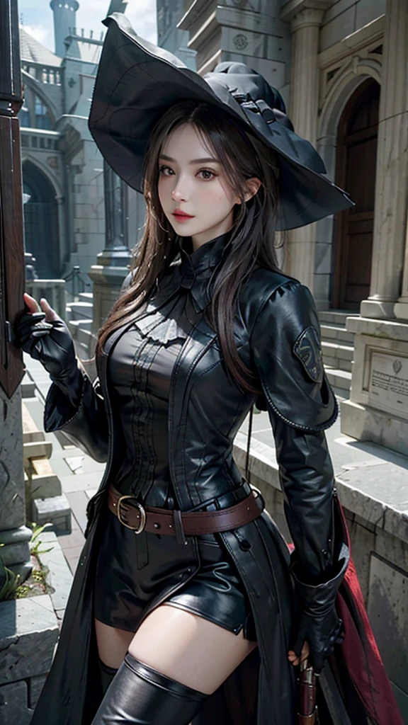 lifelike, high resolution, soft light,1 female, alone, Buttocks up, look at the audience, (Detailed face), Bangs, edgBB, black gloves, belt, coat, torn clothes, Capulet, handguard, Vambraces, black Capulet, hunters (Bloodborne curse), Woman in edgBB_full outfit, outdoor, gothicarchitecture, jewelry, weilding an elegant old time rifle, wearing a very large sun hat