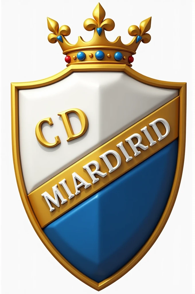 Create a shield with the colors white, Gold and blue on a side stripe and the name CD MADRID and a crown 