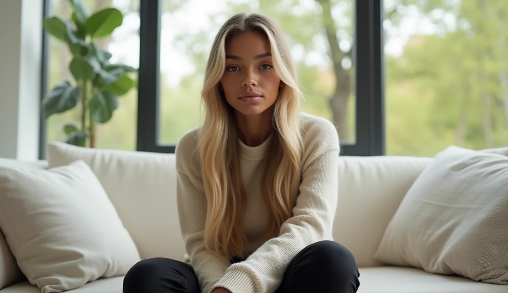 the best photo, the most realistic ,Clareza 4K, american woman , long straight blonde hair ,18-years old ,light beige cotton sweater with black pants, Delicate face, long hair, ebony skin. the woman is sitting on a white sofa, they are in a living room, don't look at the camera, at the back there is a large window with a view of trees .