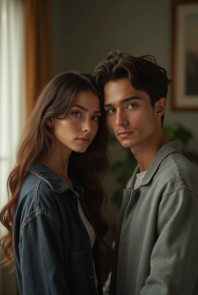 Create a realistic 2 person in a room looking at the camera, 8k, hyperealism