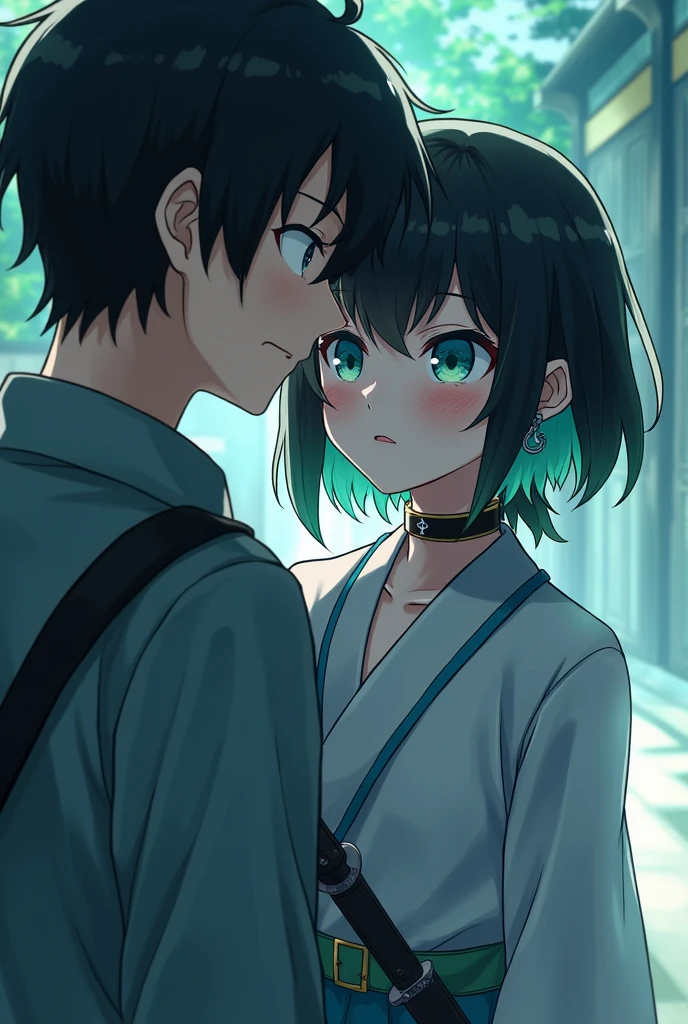 A girl in the style of the Kimetsu no Yaiba anime who has Daki makeup on her eyes and short, black hair tied back with mint-colored tips, also eyes of the same color and who has a demon hunter uniform. The uniform is the one worn by the Demon Slayer characters and has short sleeves and a low neckline., and that he has a katana, the uniform is gray and the edges of the collar and sleeves are white and that he has moon-shaped earrings and that he has white shadows in his eyes, that she is with muichirou tokitou is a man from demon slayer and that they are both blushing