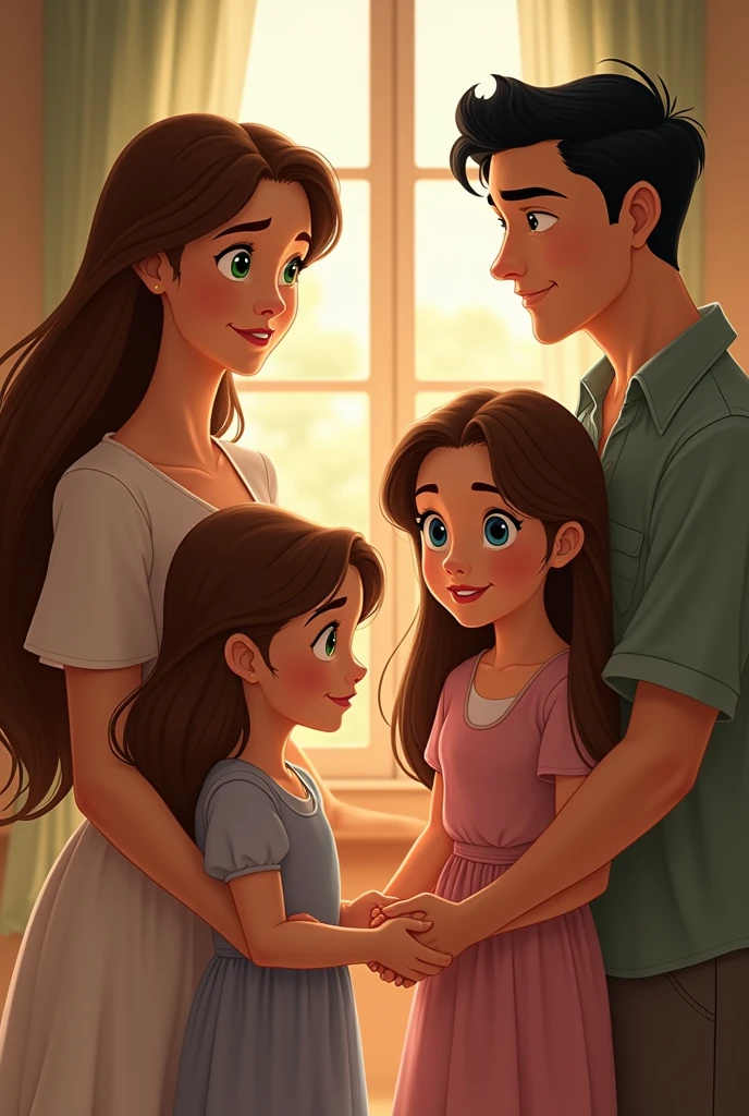En version disney Une femme brune cheveux long aux yeux verts avec deux petites filles brunes aux yeux bleus qui se tienne la main et un homme au yeux bleus cheveux noir tres court qui les regarde