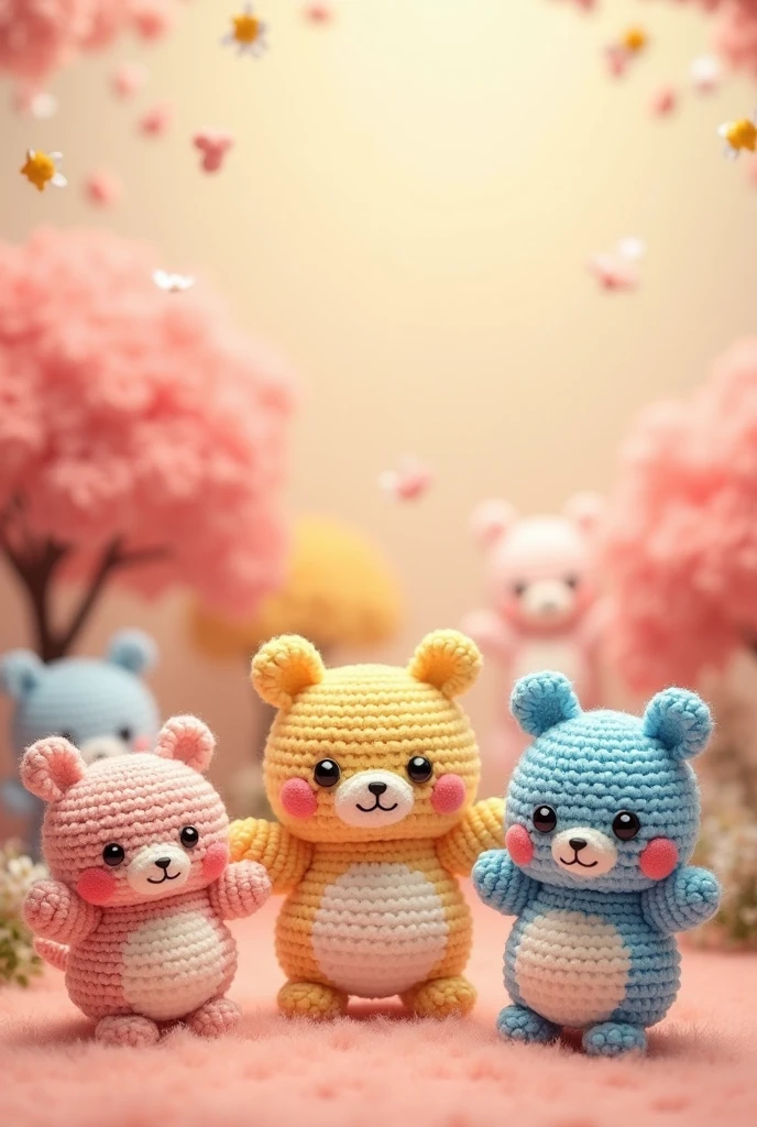 generates an image of several amigurumis in the background but kawaii