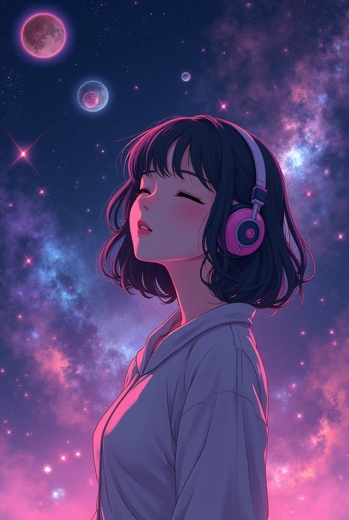 Woman with headphones, Woman Smiling, Universe, Planets, Stars, Galaxies, Woman listening to music, predominantly shades of purple and black, anime style